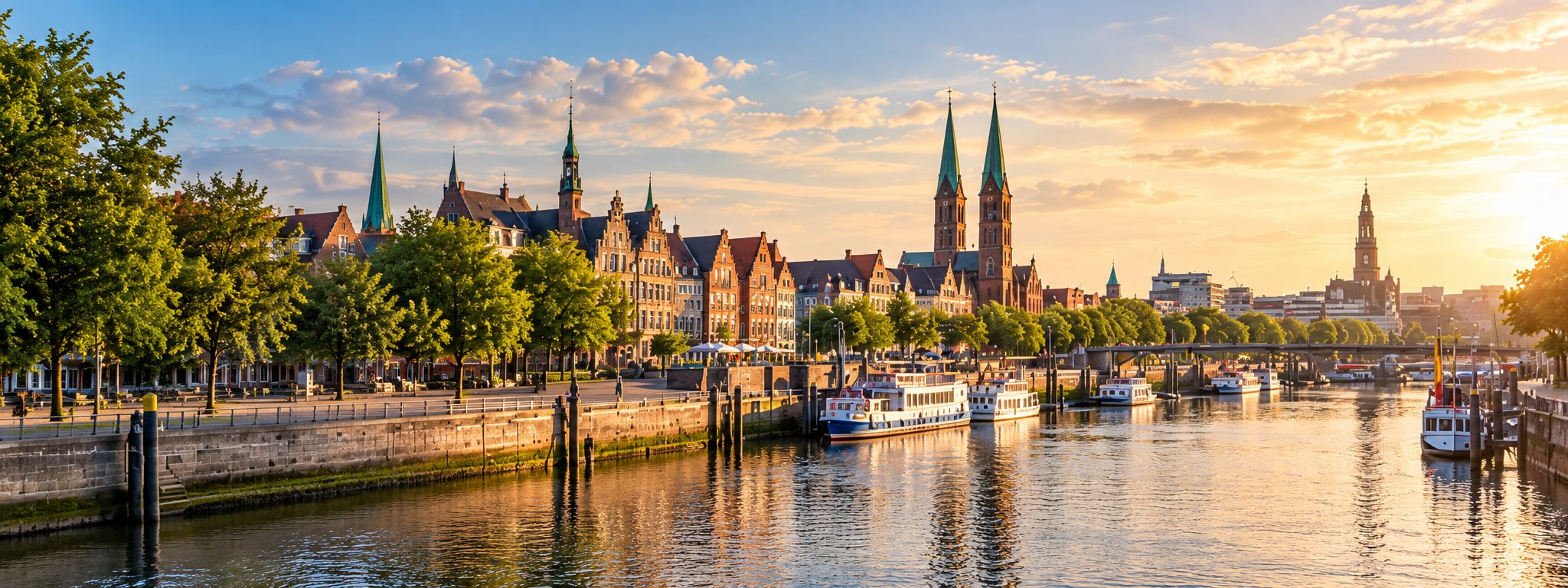 Bremer Altstadt an der Weser im Abendlicht mit Kirchtürmen und Ausflugsschiffen