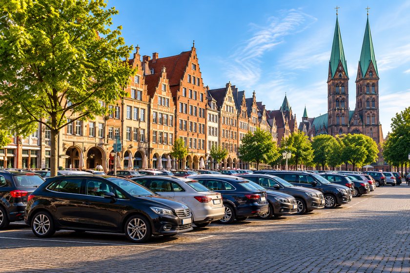 Parkende Autos vor den Giebelhäusern der Bremer Altstadt, dahinter die Türme des Doms