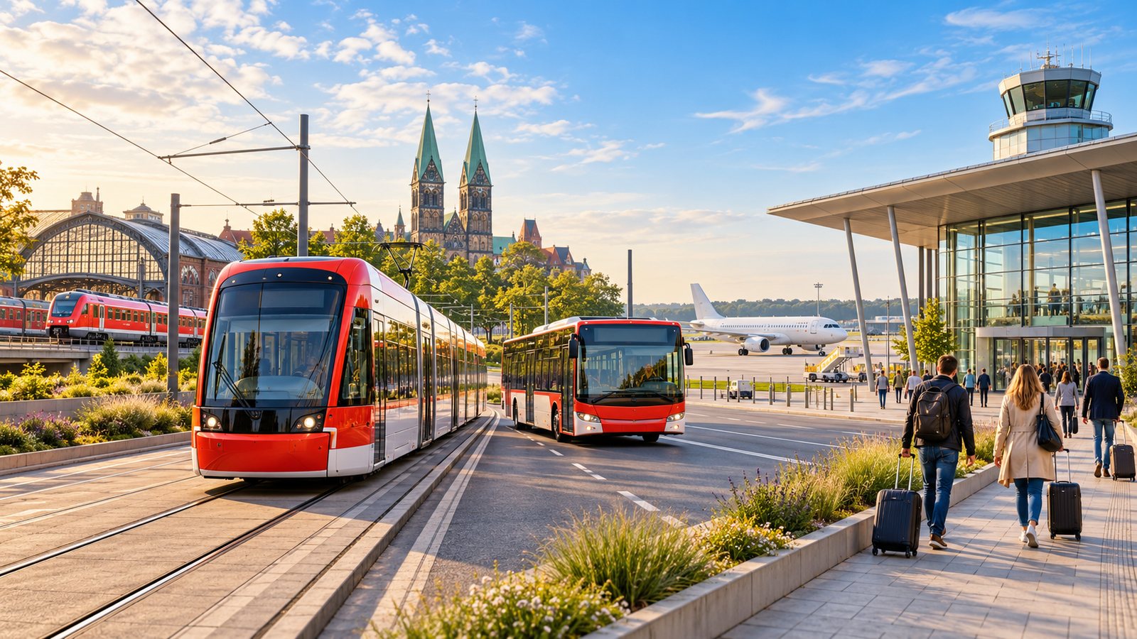 Bildmontage: eine rote Straßenbahn und ein Bus vor dem Bremer Hauptbahnhof und den Türmen der Innenstadt, rechts ein Flughafenterminal mit Reisenden
